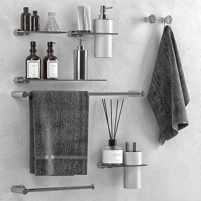 Modern Bathroom Daily Essentials With Hanging Towels Metal Racks Aromatherapy Sticks And Bottles 3d model