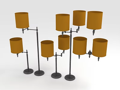 Multiple Modern Floor Lamps With Yellow Fabric Shades And Black Metal Bases 3d model