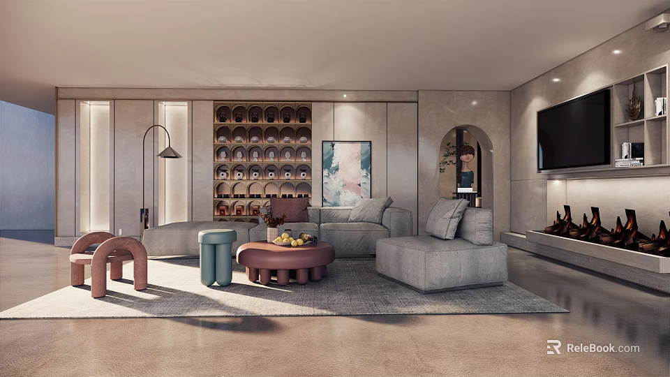 Modern Living Room Interior With L Shaped Sofa Coffee Tables Artwork Shelving And Floor Lamp 3d model 