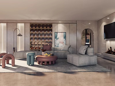 Modern Living Room Interior With L Shaped Sofa Coffee Tables Artwork Shelving And Floor Lamp 3d model