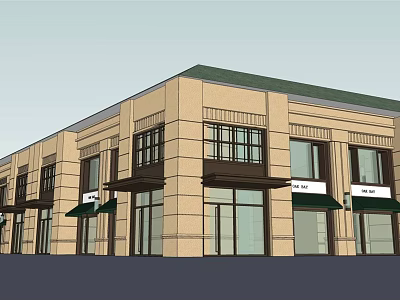 Modern Commercial Complex Exterior With Multiple Storefronts Green Awnings And Windows 3d model