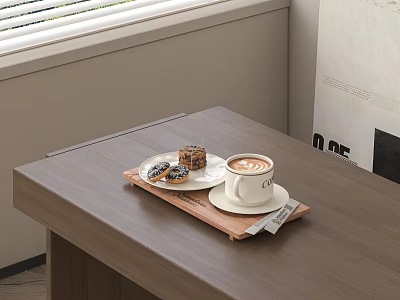 Coffee With Sweet Desserts Served On Wooden Tray Near Window 3d model