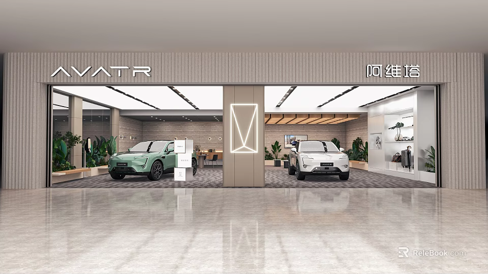 AVATR 4S Store Modern Showroom With Green And White Cars On 3d model 