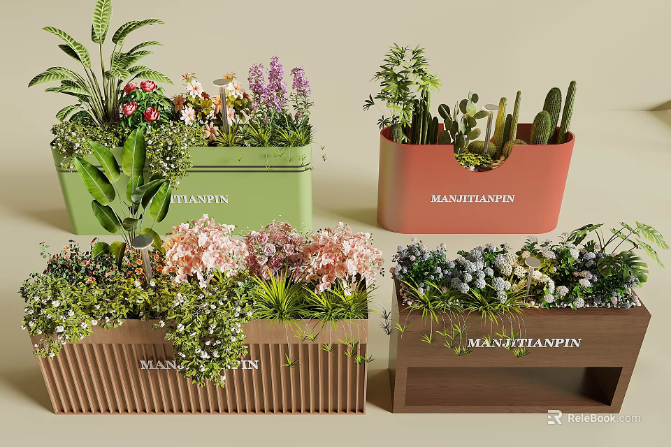 Vibrant Flower And Plant Collection In Colorful Pots With Succulents And Blooms 3d model 