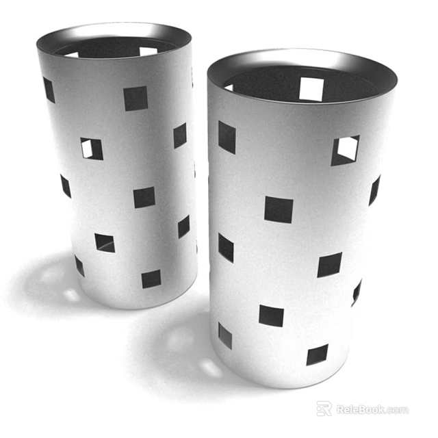 Two White Cylindrical Household Containers With Black Square Cutouts Design 3d model 