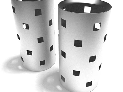 Two White Cylindrical Household Containers With Black Square Cutouts Design 3d model