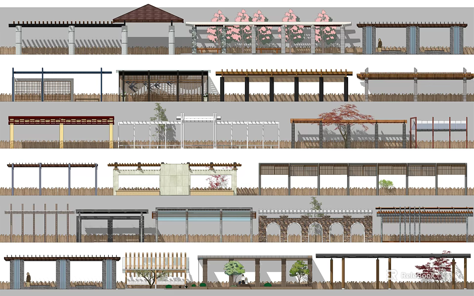 Various Modern Outdoor Pergola Designs With Wooden Structures And Flower Decor 3d model 