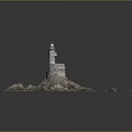 Tall Lighthouse Structure On Rocky Island With Scattered Rock Fragments