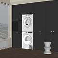 Laundry Room Interior With Black Cabinets Built-in White Washing Machine And Dryer And Window Blinds