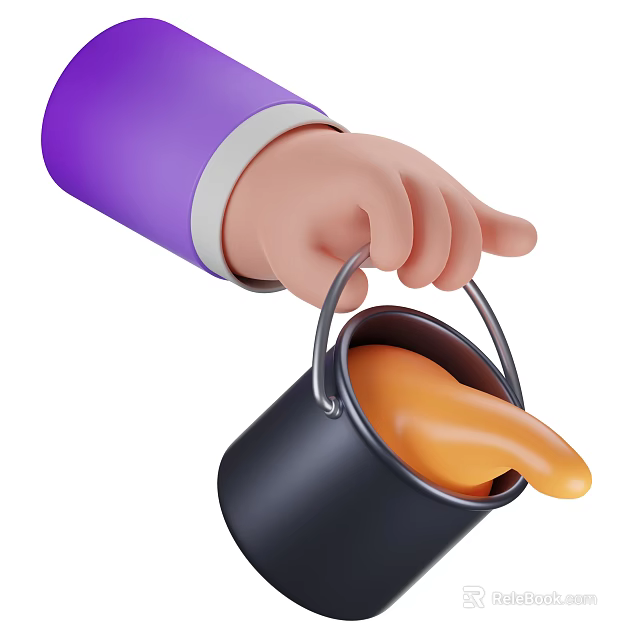 Game Character Hand With Purple Sleeve Holding Black Bucket Pouring Orange Substance 3d model 