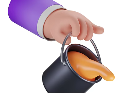 Game Character Hand With Purple Sleeve Holding Black Bucket Pouring Orange Substance 3d model