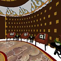 Hotel Public Lounge Area With Circular Dome Chandelier Wooden Walls Red Sofas And Circular Rug