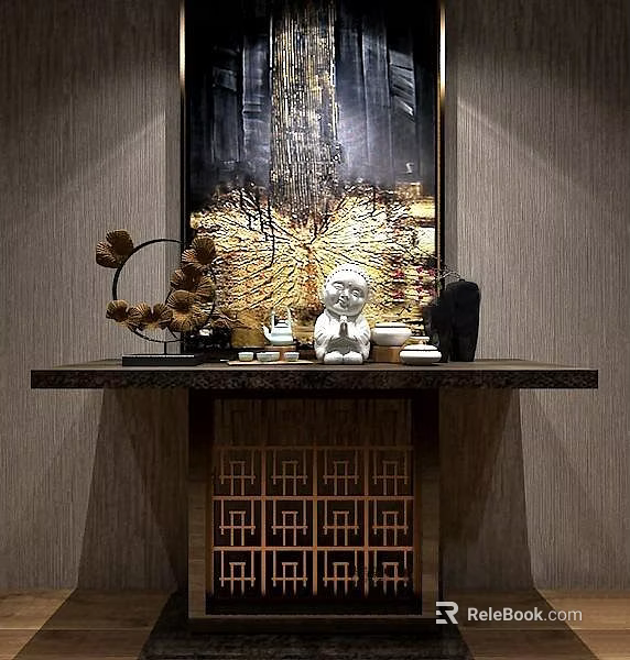 Elegant Chinese Console Table With Decorative Statue Ornament And Warm Lighting 3d model