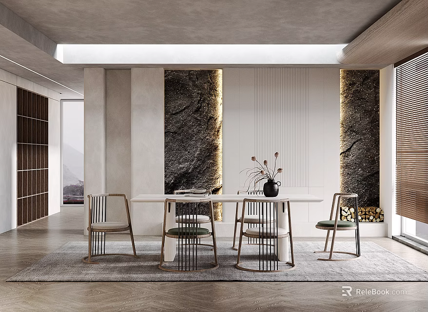 Modern Luxury Restaurant With Marble Walls Wooden Partitions Long Dining Table And Metal Frame Chairs 3d model 