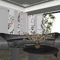 Modern Curved Black Sofa Coffee Table Set with Marble Wall Large Window City View 3d model
