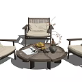 Wooden Round Table and Chair Set With Beige Cushions Vase Red Flowers Fruit Platter Book