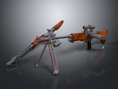 Vintage Military Rifles with Wooden Stocks Tripod Stand and Scope on Dark Reflective Surface 3d model