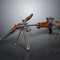 Vintage Military Rifles with Wooden Stocks Tripod Stand and Scope on Dark Reflective Surface