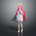 Anime Style Magical Character With Pink Long Hair Golden Halo White Coat Holding Mechanical Weapon