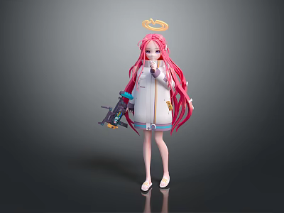 Anime Style Magical Character With Pink Long Hair Golden Halo White Coat Holding Mechanical Weapon 3d model