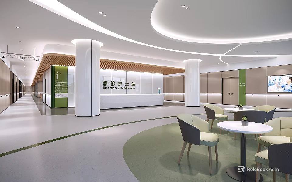 Spacious Modern Hospital Lobby Interior With Reception Desk Seating Area And Information Signage 3d model 