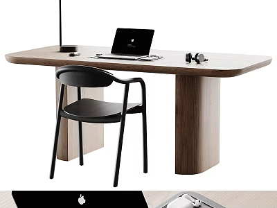 Modern Wooden Desk With Laptop Headphones Table Lamp And Black Chair 3d model