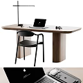 Modern Wooden Desk With Laptop Headphones Table Lamp And Black Chair