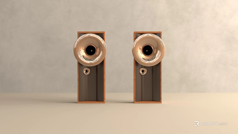 Stylish Modern Wooden Floor Standing Speakers With Golden Cones And Elegant Design 3d model 