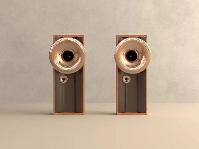 Stylish Modern Wooden Floor Standing Speakers With Golden Cones And Elegant Design 3d model