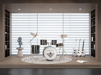 Musical Instruments Display In Modern Room With Drum Set Electric Guitars Shelves And Window Blinds 3d model