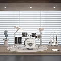 Musical Instruments Display In Modern Room With Drum Set Electric Guitars Shelves And Window Blinds
