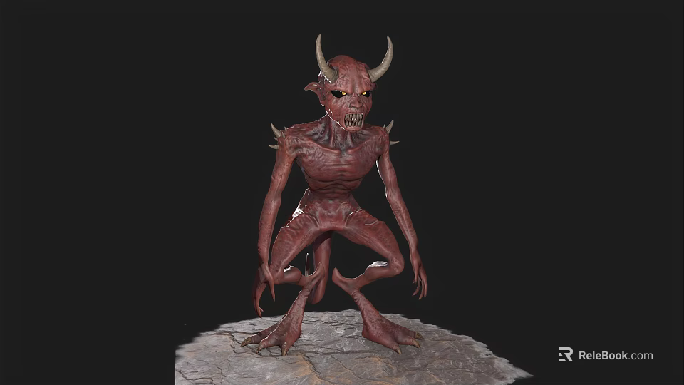 Red Horned Demon Game Movie Character with Sharp Teeth Claws Standing on Rock Base 3d model 