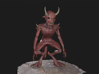 Red Horned Demon Game Movie Character with Sharp Teeth Claws Standing on Rock Base 3d model