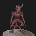 Red Horned Demon Game Movie Character with Sharp Teeth Claws Standing on Rock Base