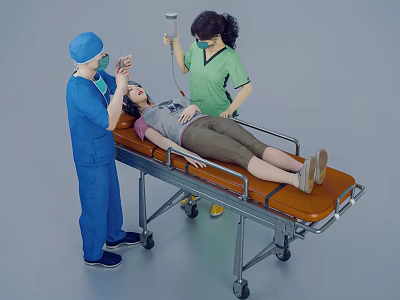 Medical staff checking patient on stretcher with medical equipment 3d model