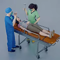 Medical staff checking patient on stretcher with medical equipment