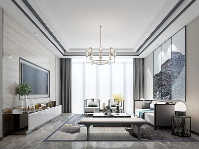 Modern Living Room Interior Design With Large TV Chandelier Sofa And Coffee Table 3d model