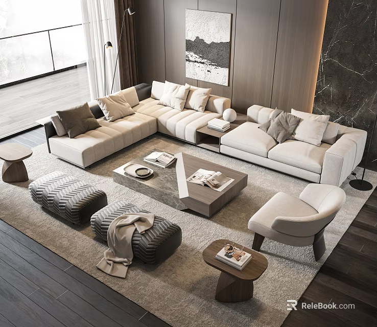 Modern Beige L Shaped Sofa Wooden Coffee Table Set with Throw Pillows Books Decor in Cozy Living Room 3d model 