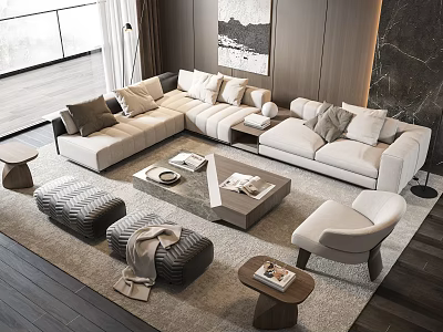 Modern Beige L Shaped Sofa Wooden Coffee Table Set with Throw Pillows Books Decor in Cozy Living Room 3d model
