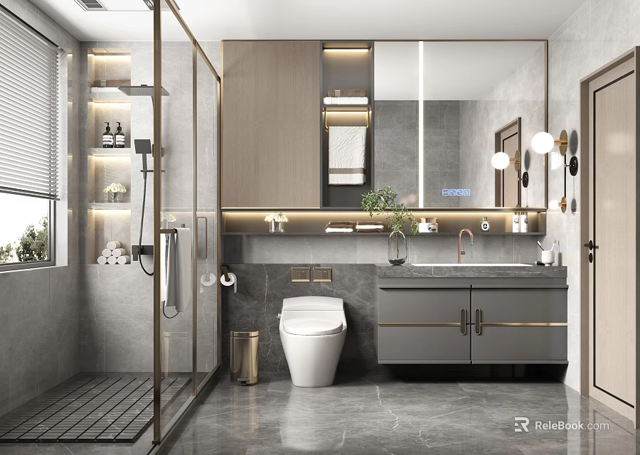Modern Bathroom Interior Design With Glass Shower Enclosure Toilet Vanity And Mirror 3d model 