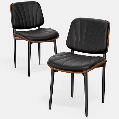 Modern Black Leather Chairs With Ribbed Backrest Brown Wooden Frame And Black Metal Legs 3d model