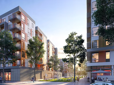 Lively Urban Commercial Street With Modern Apartments Balconies Trees Cars And Pedestrians 3d model