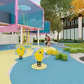 Colorful Children's Playground With Slide Trees Lawn And Pink Blue Building