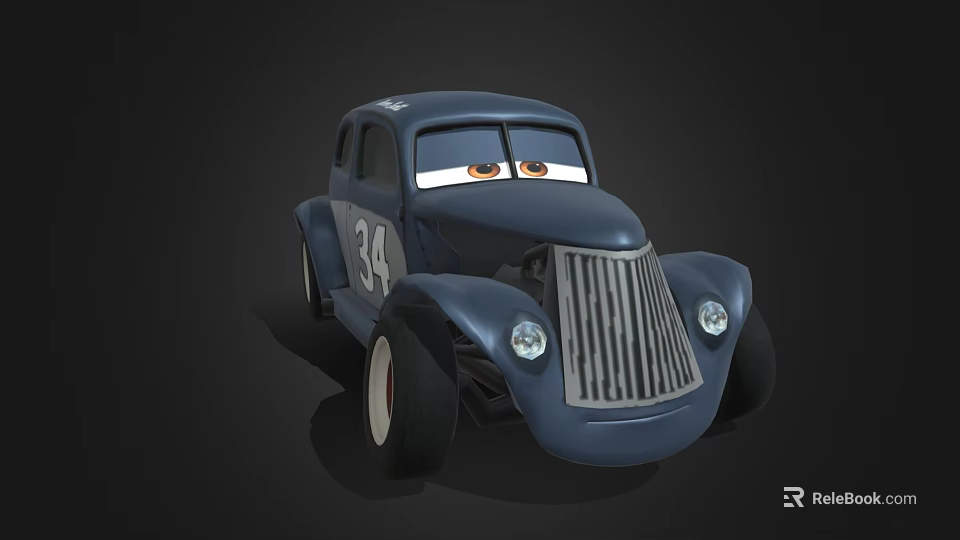 Blue Animated Cartoon Car With Number 34 Big Eyes Retro Design And White Rims 3d model 