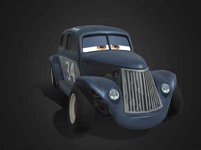 Blue Animated Cartoon Car With Number 34 Big Eyes Retro Design And White Rims 3d model