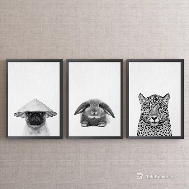Three Animal Paintings Featuring Pug Rabbit Leopard in Black Frames on Light Linen 3d model