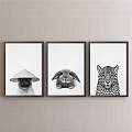 Three Animal Paintings Featuring Pug Rabbit Leopard in Black Frames on Light Linen 3d model