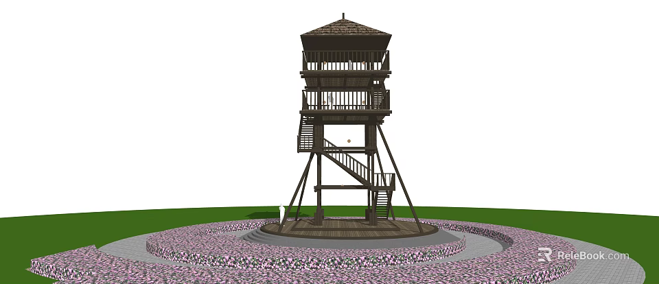 Wooden Multi Level Tower With Staircase Platform And Flower Circle 3d model 