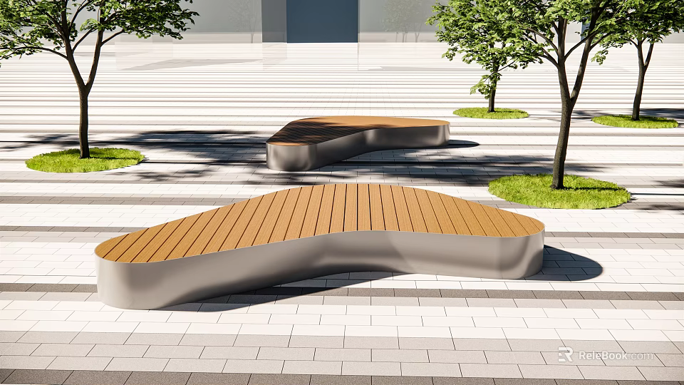 Modern Curved Landscape Seats with Wooden Surface and Metal Frame in Urban Square with Trees 3d model 