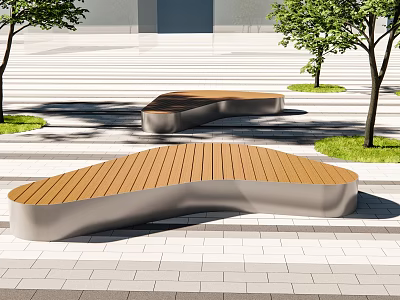 Modern Curved Landscape Seats with Wooden Surface and Metal Frame in Urban Square with Trees 3d model